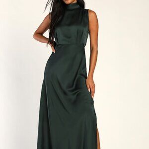Lulus Classic Elegance Green Satin Sleeveless Mock Neck Maxi Dress - Size L